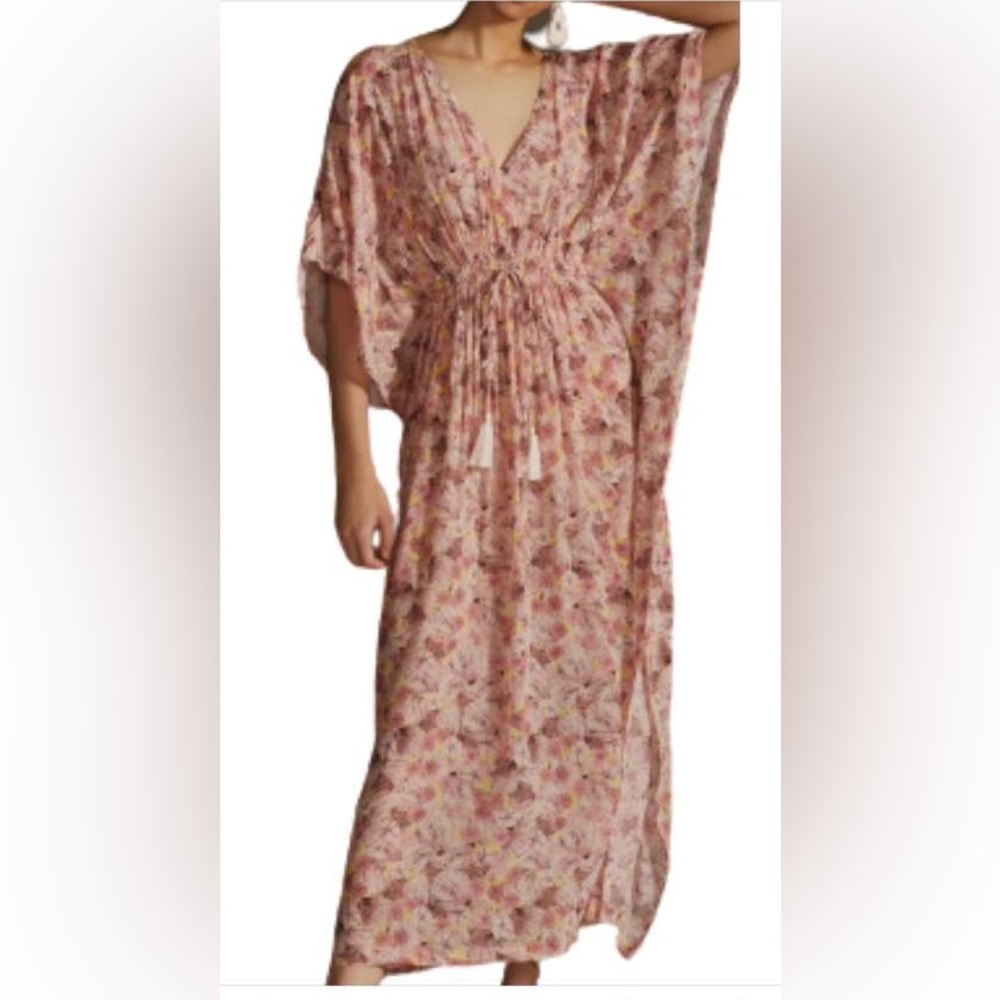 Rujuta Sheth Pink Floral Sheer Boho Kimono Beach Cover-Up Dress